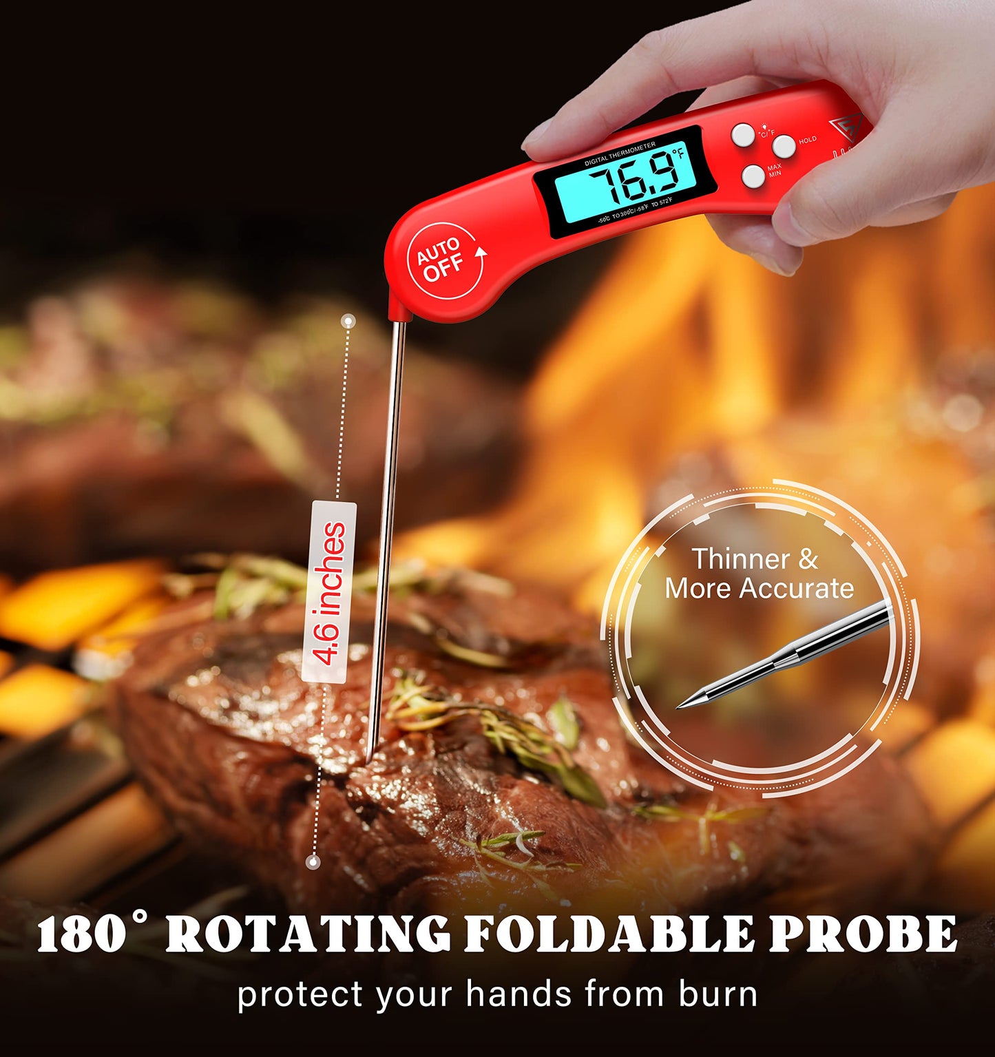 DOQAUS Digital Meat Thermometer, Instant Read Food Thermometers for Cooking, Kitchen Probe with Backlit & Reversible Display, Wide Temperature Range for Turkey, Grill, BBQ, Baking, Bread, Sourdough