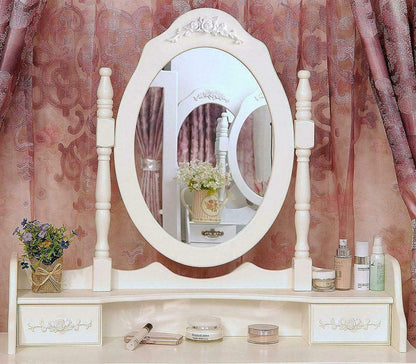 White Vanity Jewelry Makeup Dressing Table Set W/Stool 4 Drawer Mirror Wood Desk - WoodArtSupply