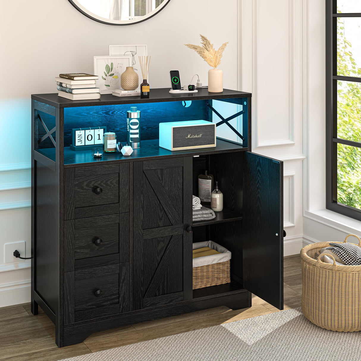 Yoobure Storage Cabinet with Doors and Shelves, LED Coffee Bar Cabinet with Power Outlet, Farmhouse Kitchen Buffet Cabinet with Drawers Accent Pantry Cabinet Sideboard for Living Room Entryway Yoobure