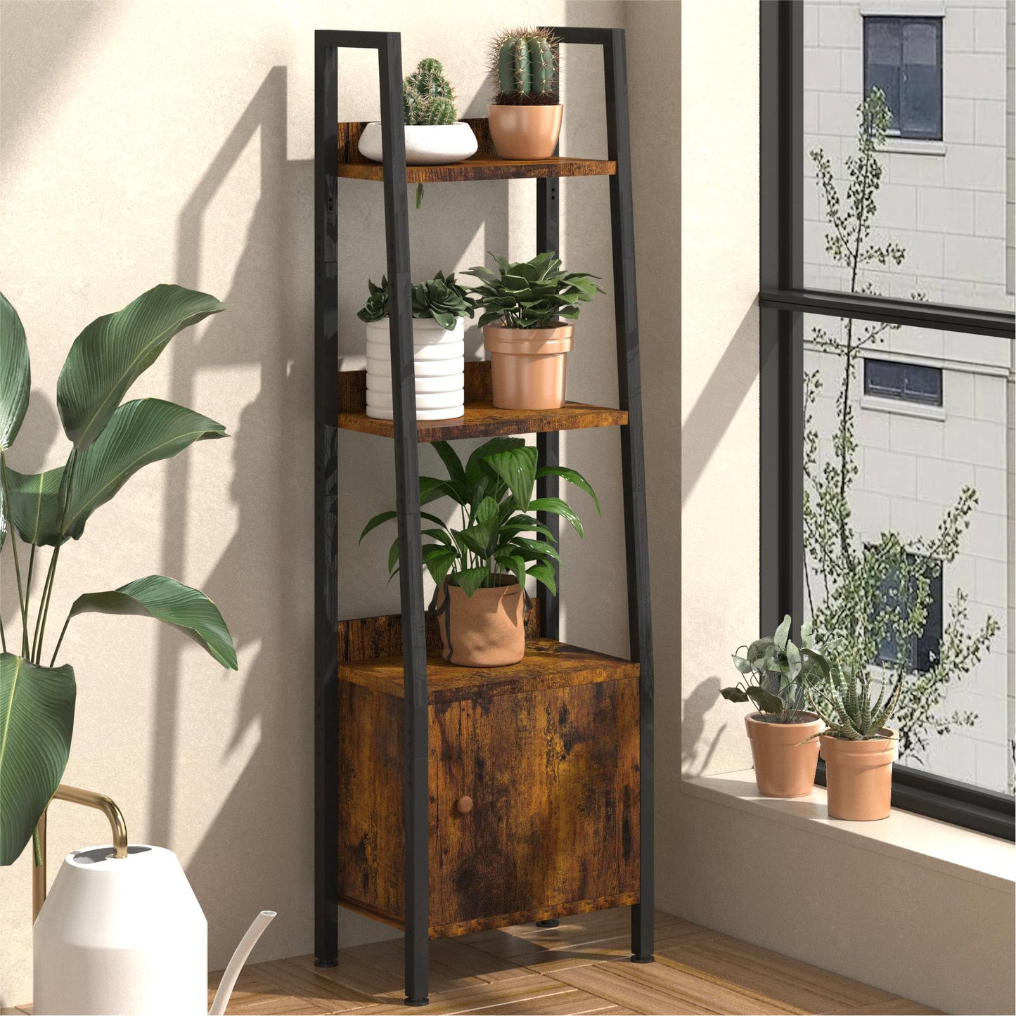 2024 Ladder Shelf, 4-Tier Ladder Bookshelf, Wood Metal Freestanding Storage Shelf, Freestanding Shelf with Drawer for Living Room, Bedroom, Balcony,Vintage