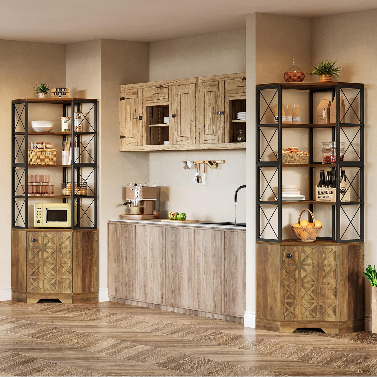 Tribesigns 76-Inch Tall Corner Cabinet, 7-Tier Industrial Corner Bookshelf Bookcase with Storage Rack, Freestanding Display Shelving Unit for Living Room, Kitchen, Home, Brown Tribesigns