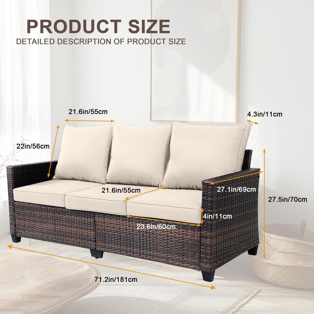 AstrPthylx 3-Seater Deep Seat Outdoor Sofa - High Back Patio Couch with Water-Resistant Cushions, All-Weather PE Rattan for Patio, Garden (Modern Design) (Beige) AstrPthylx