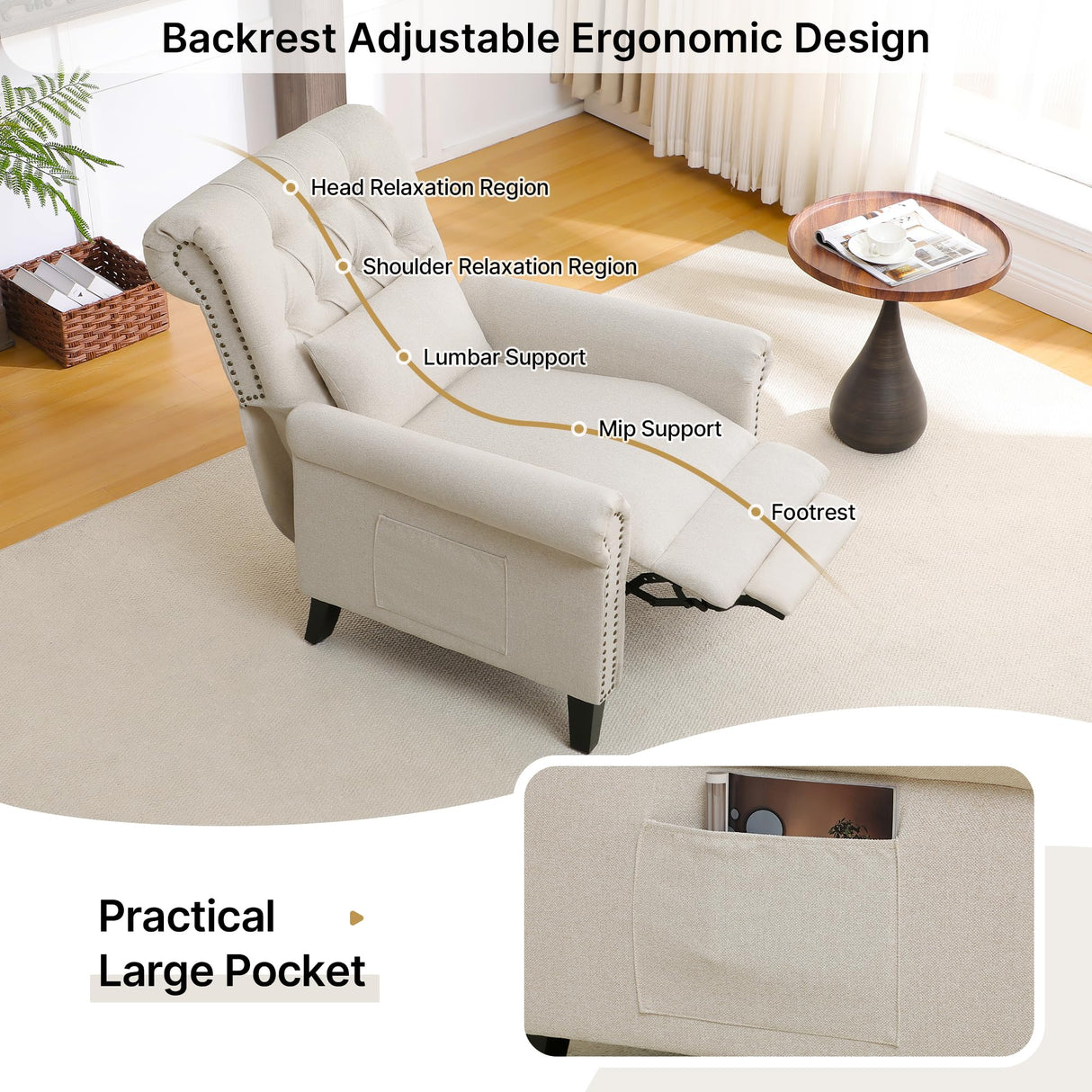 choairy Pushback Recliner Chair, Accent Push Back Chair Set of 2 with Adjustable Footrest Wingback, Upholstered Linen Reclining Sofa with Side Pocket, Comfy Modern Armchair for Living Room, Khaki choairy