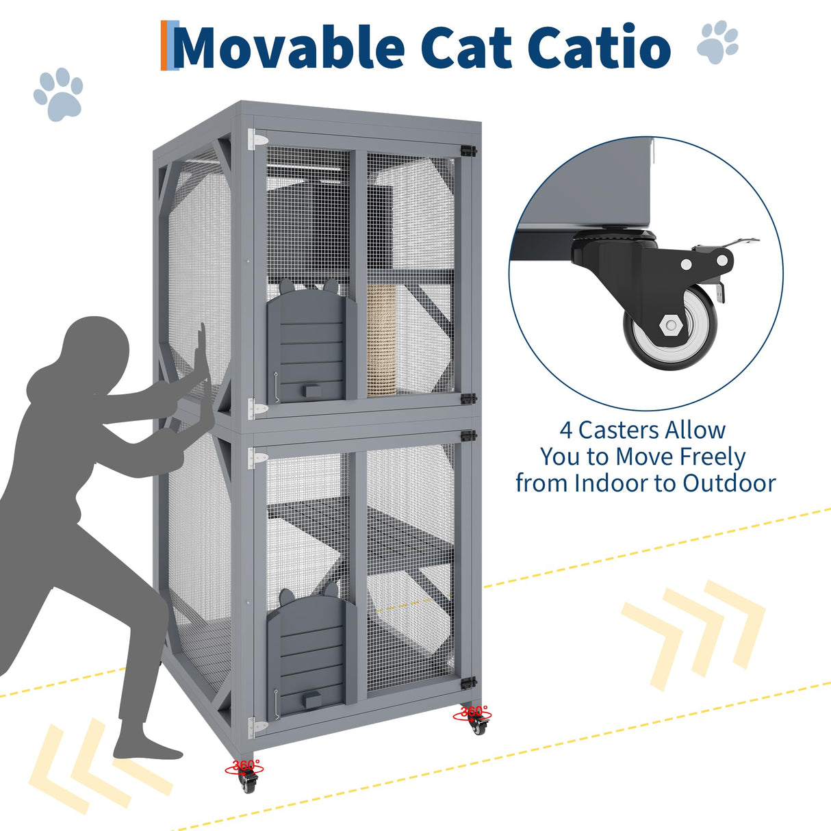 4 Tier Wood Catio Outdoor Window Cat Enclosure, Cat House On Wheels with Scratch Post, Resting Box, 4 Platforms, 2 Sliding Doors & Weatherproof Roof, Cats Kitty Condo Cage Shelter Playpen CuisinSmart