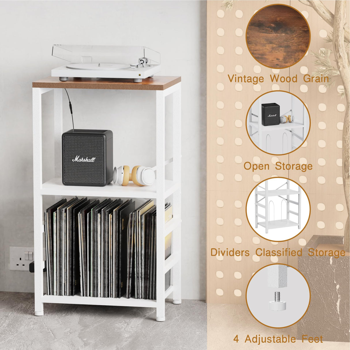 YAKANJ End Table with LED Light,Record Player Stand with Albums Storage,Vinyl Records Storage,Turntable Stand Side Table for Music Room Studio Living Room Bedroom-White YAKANJ