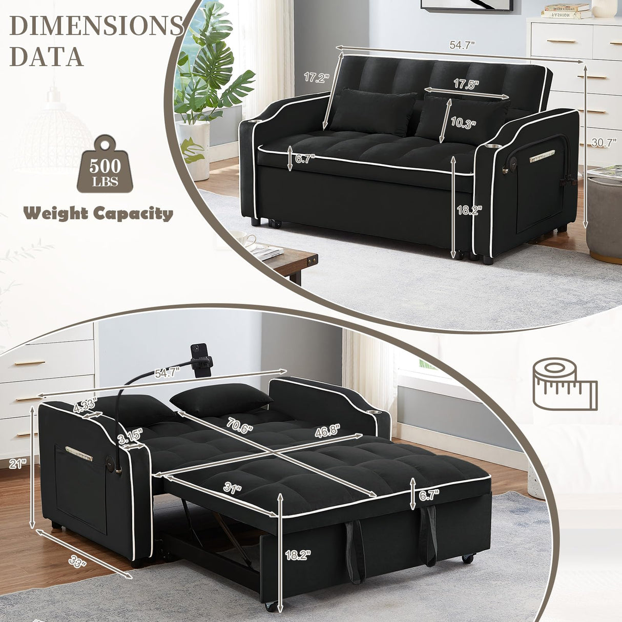 JEEOEHY 3 in 1 Convertible Sleeper Sofa Bed,Velvet Pull Out Couch Bed w USB&Type C Port,Comfy Futon Loveseat w Adjustable Backrest&Phone Stand&Cup Holder for Living Room Apartment Small Space(Black) JEEOHEY