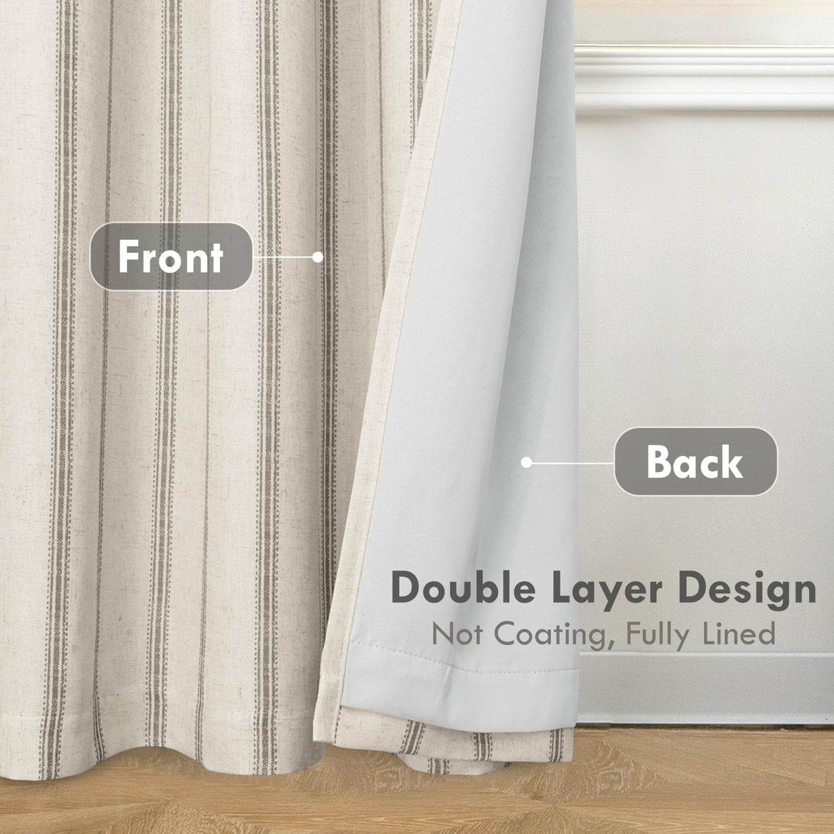 DriftAway Farmhouse Linen Blend Blackout Curtains 84 Inches Long for Bedroom Vertical Striped Printed Linen Curtains Thermal Insulated Lined Treatments for Living Room 2 Panels W52 x L84 Grey DriftAway