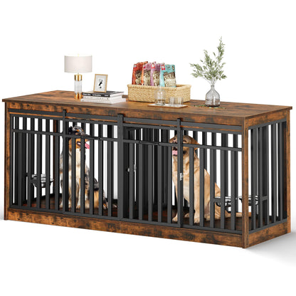 DWVO 71" Double Dog Crate Furniture for 2 Medium Dogs, Heavy Duty Wood Dual Dog Kennel TV Stand with Sliding Doors, Decorative Wooden Two Dog Cage Table with Dog Bowl for Extra Large Dogs Rustic Brown