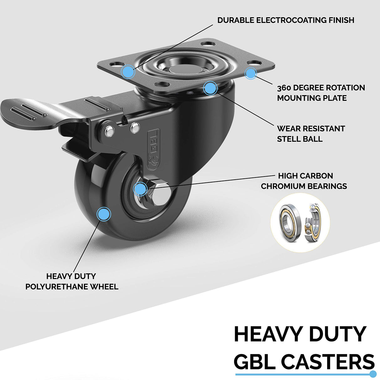 GBL 2" Heavy Duty Caster Wheels with Brakes + Screws - up to 440Lbs - Set of 4 No Floor Marks Silent Castor for Furniture - Rubbered Trolley or Pallet Swivel Wheels - Black Casters GBL