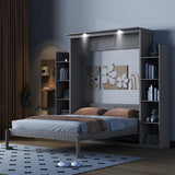 Merax Queen Size Wood Modern Murphy Bed with 2 Five-Layer Cabinet, Wall Bed with Shelves and LED Lights, Foldable Platform Bed Folded into Cabinet for Guest Room, Home and Office, Grey Merax