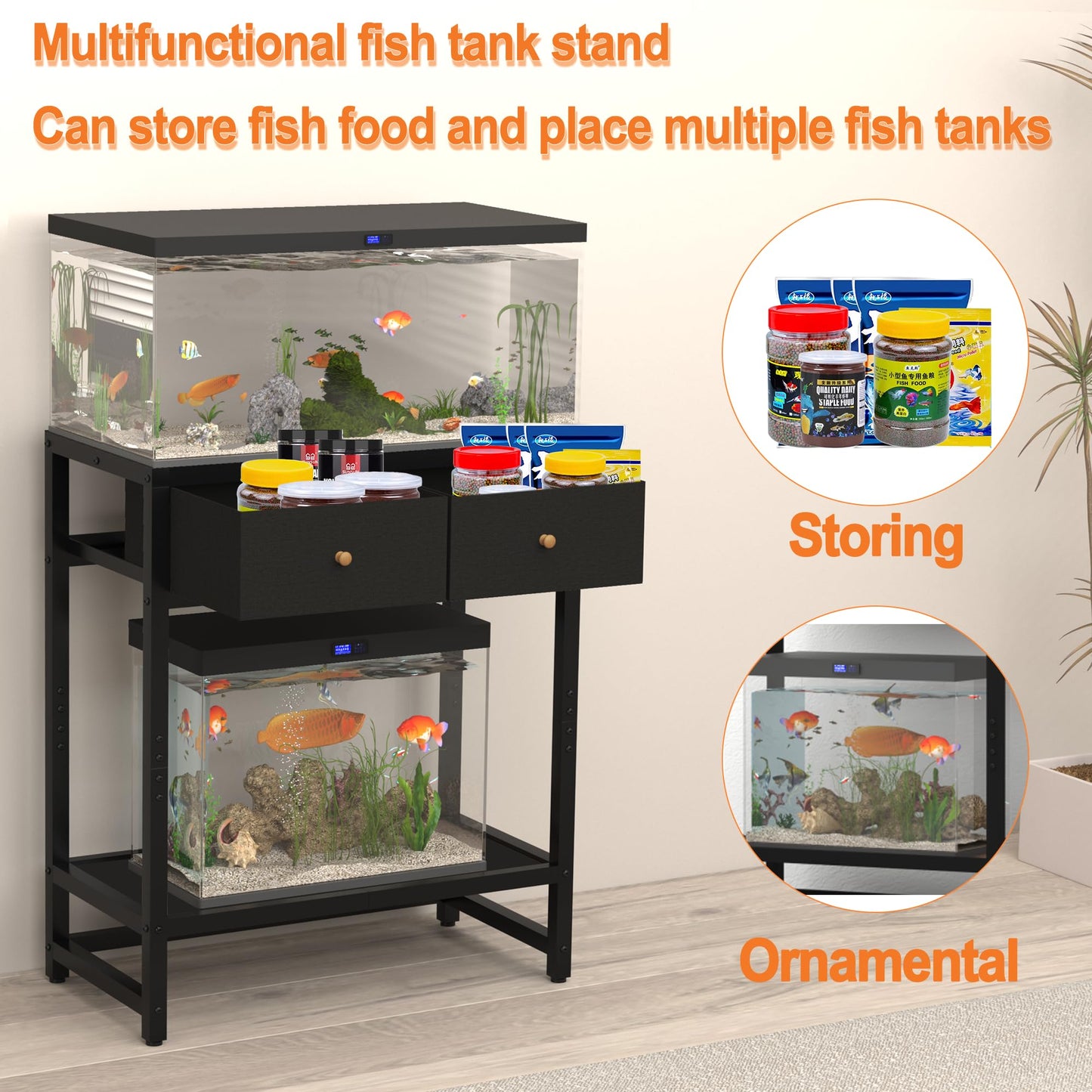 20 Gallon Fish Tank Stand with Comes with 2 Storage Boxes, 3 Tiers Heavy Duty Metal Aquarium Stand, Breeder Tank Turtle Reptile Terrariums Stand Rack，Black