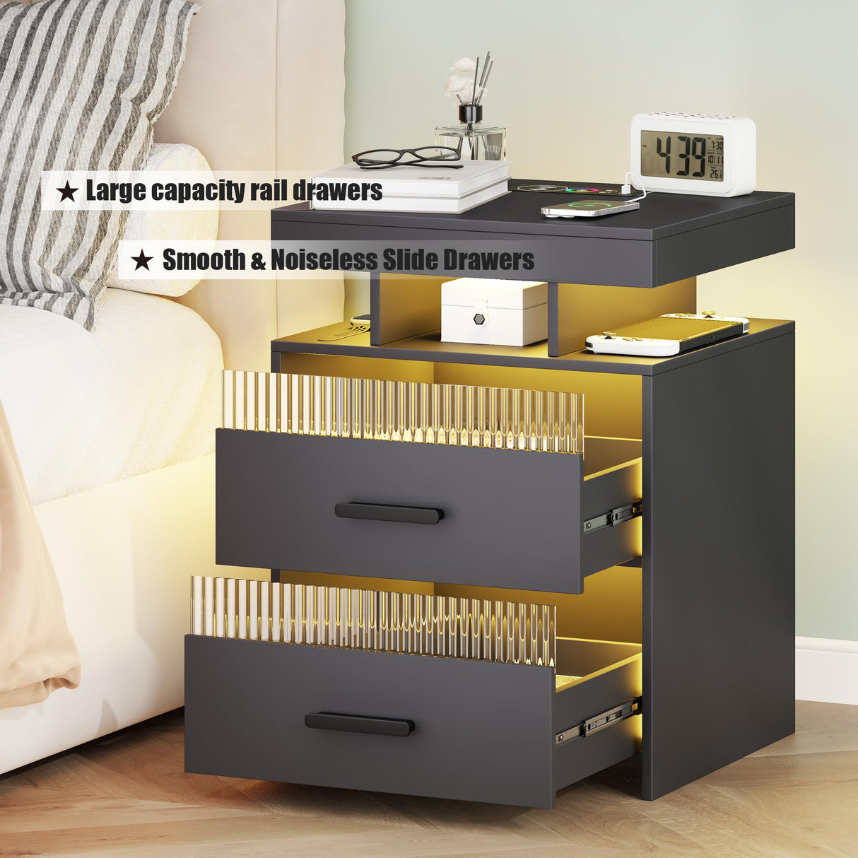 Nightstand with Charging Station and LED Lights, Night Stand with 2 Drawers, Wood Smart Bedside Table, Modern Bed Side Table for Bedroom, Grey QPLZF