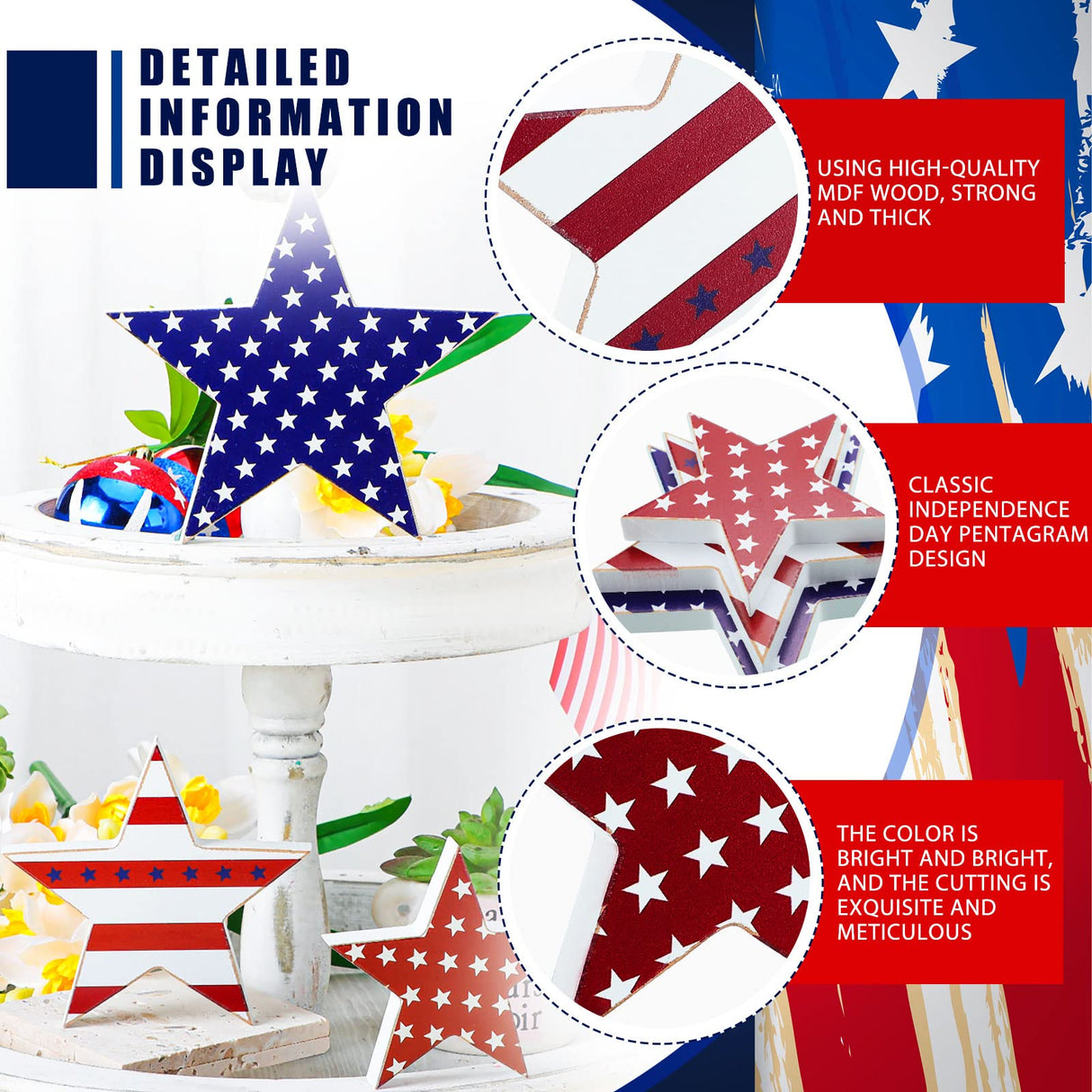 3 Pcs 4th of July table decorations Patriotic Wooden Star Centerpiece Sign Independence Day Tiered Tray Decor Memorial Day Tabletop Decorations for Home Festival Party Decor (Classic) Yulejo