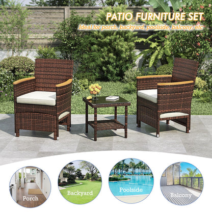 5 Piece Outdoor Patio Furniture Set with Table&Ottoman Outdoor Furniture Patio Set Bistro Wicker Patio Set of 2 Outside Lawn Chairs Conversation Sets for Porch Balcony Deck(Brown Wicker&Khaki Cushion)