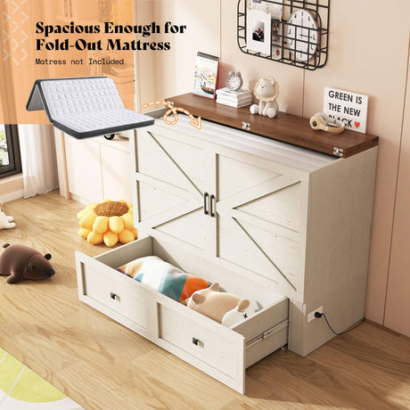 AMERLIFE Full Murphy Bed with Storage & Charging Station, Farmhouse Murphy Cabinet with Foldable Panel, Noisy Free, for Guest Bedroom, Living Room, Office, Distressed White & Barnwood AMERLIFE