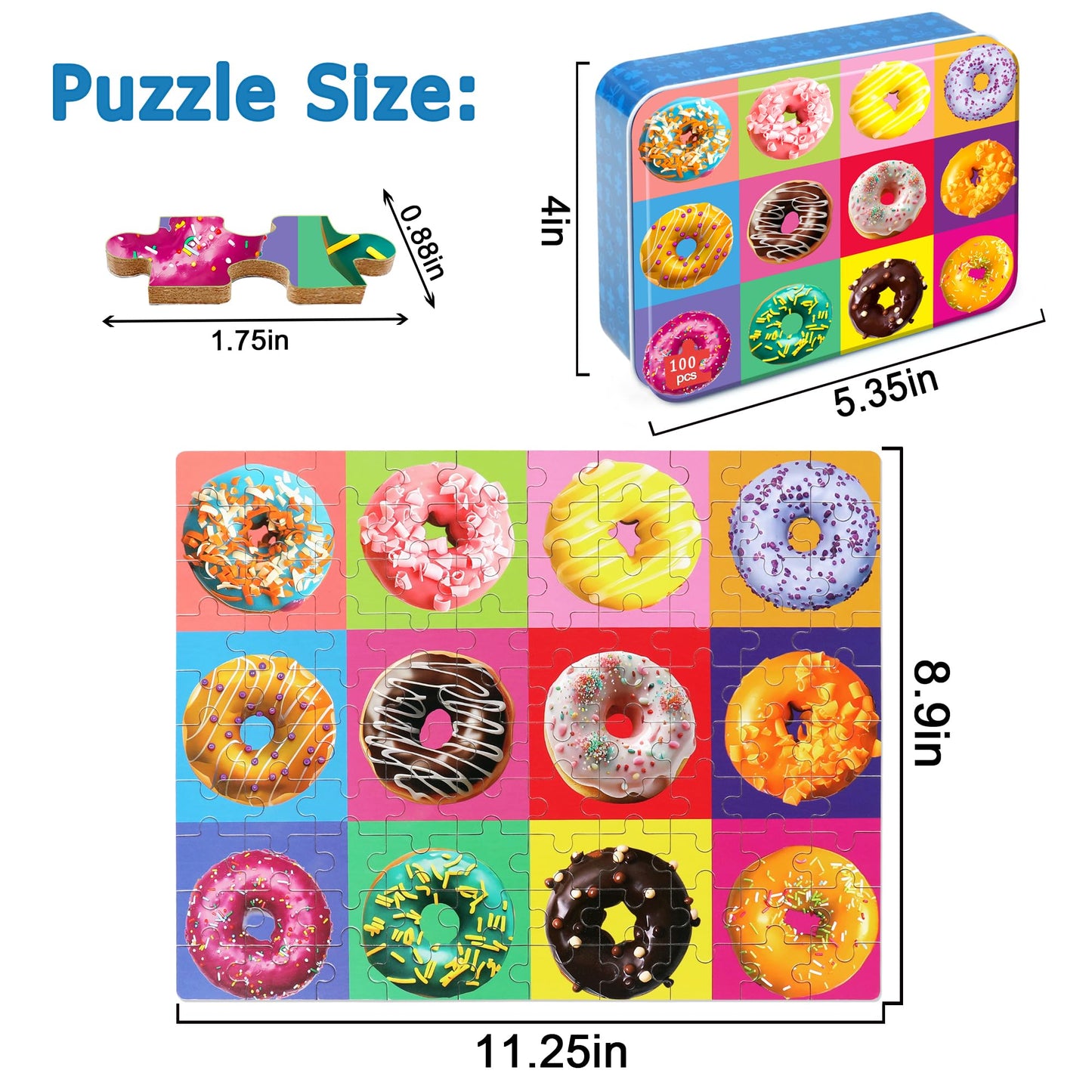 LELEMON Puzzles for Kids Ages 4-6,Donut Puzzle 100 Piece Puzzles for Kids in a Metal Box, Educational Kids Puzzles Jigsaw Puzzles 100 Piece Puzzle Games Puzzle Toys for Girls and Boys