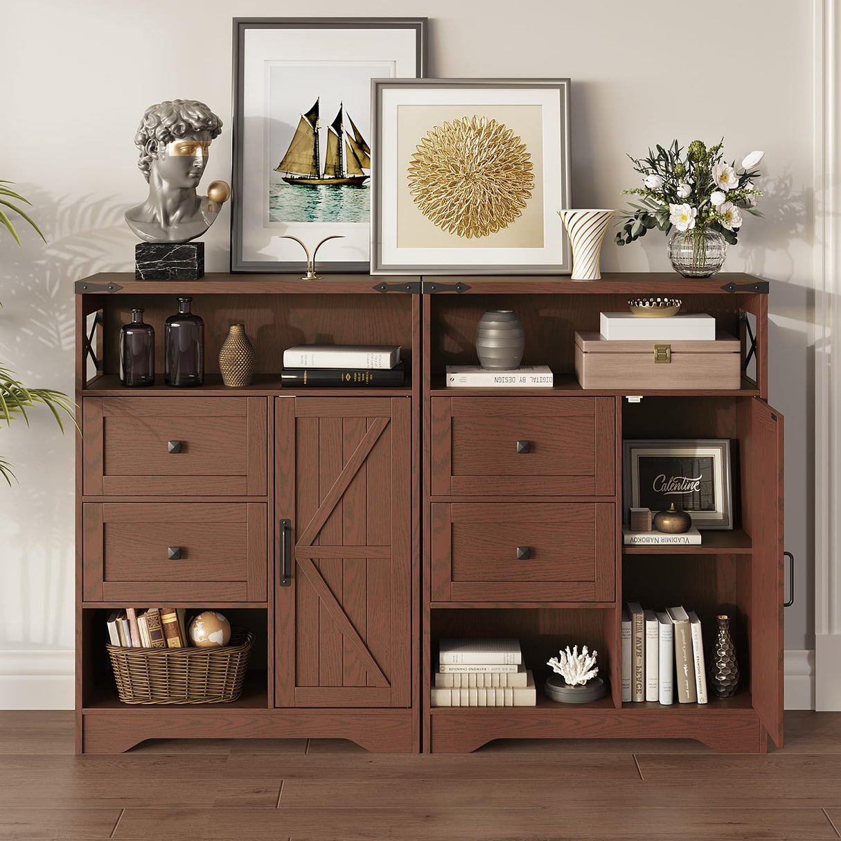 Fameill Farmhouse Storage Cabinet with 2 Drawers&Shelves,Freestanding Storage Cabinet with Doors&Open Storage,Floor Storage Cabinet for Living Room,Bathroom,Kitchen,Laundry,Red Walnut Fameill