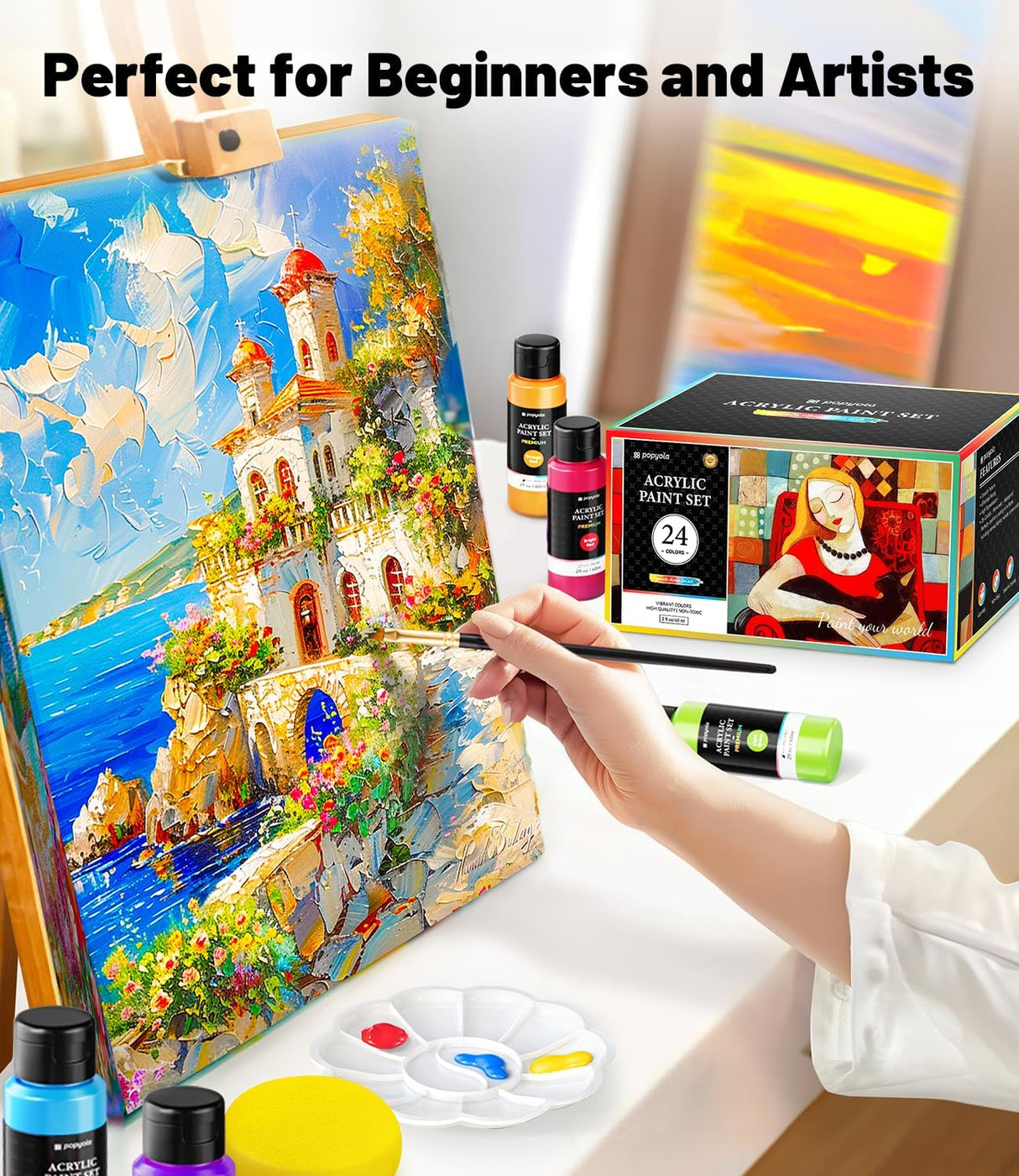 40 Pack Acrylic Paint Set with 12 Brushes, 2 Knives, Palette and Sponge, 24 Colors (60ml, 2oz) Art Craft Paint Gifts for Adults Kids Artists Beginners, Canvas Ceramic Wood Rock Pumpkin Painting Kit POPYOLA