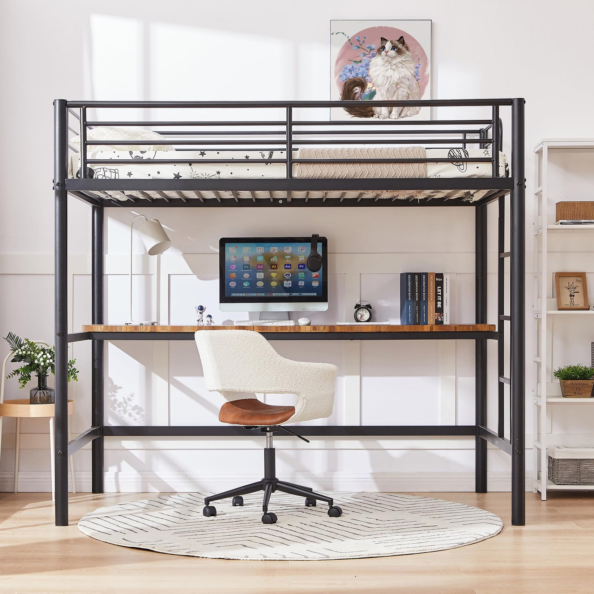 VECELO Twin Loft Bed with Desk - Heavy Duty Metal Frame, Removable Ladder, Safety Guardrails, Space-Saving Design in Black - WoodArtSupply