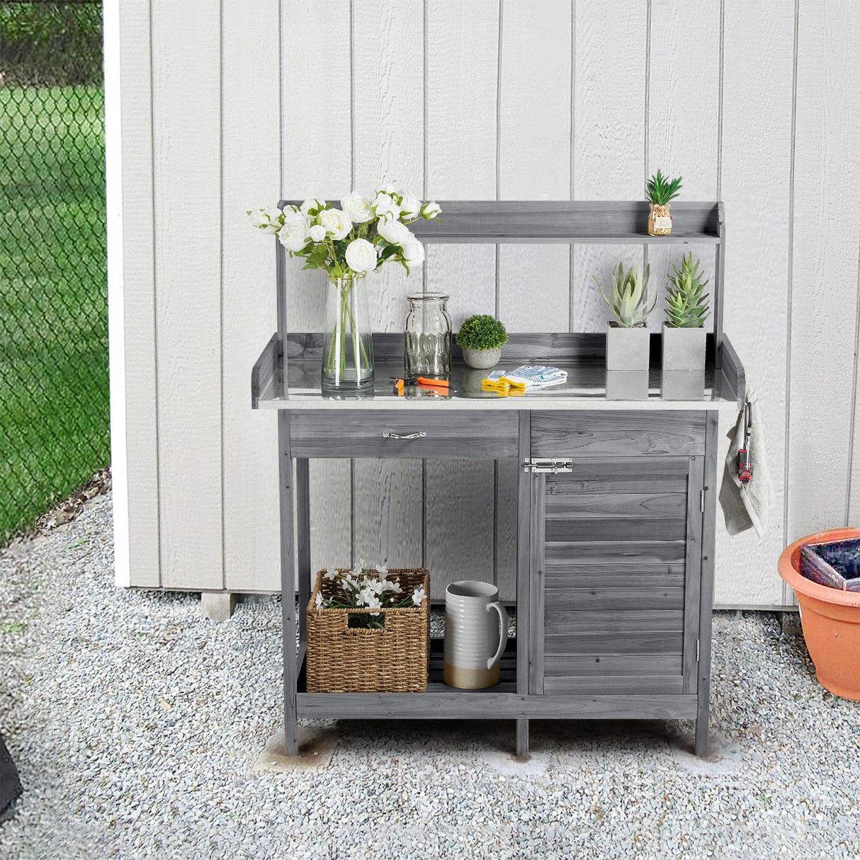 Yaheetech Outdoor Potting Bench Table, Garden Workstation w/Metal Tabletop/Cabinet Drawer/Open Top/Lower Shelf/Handy Hooks for Horticulture,Gray Yaheetech