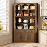 RALGEND 73.2" Tall Farmhouse Arched Bookshelf with Drawer and Door, 6 Tier Mid Century Modern Book Shelf and Bookcase with Storage, Floor Standing Display Cabinet for Living Room, Home Office, Walnut RALGEND