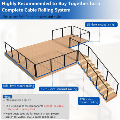 Zylorix 8ft-12ft Complete Set Cable Railing System 36", Black T304 Stainless Steel Cable Railing Posts Kit with Adjustable Handrail Cable Rail, Super Easy DIY for Indoor Outdoor Level Decks