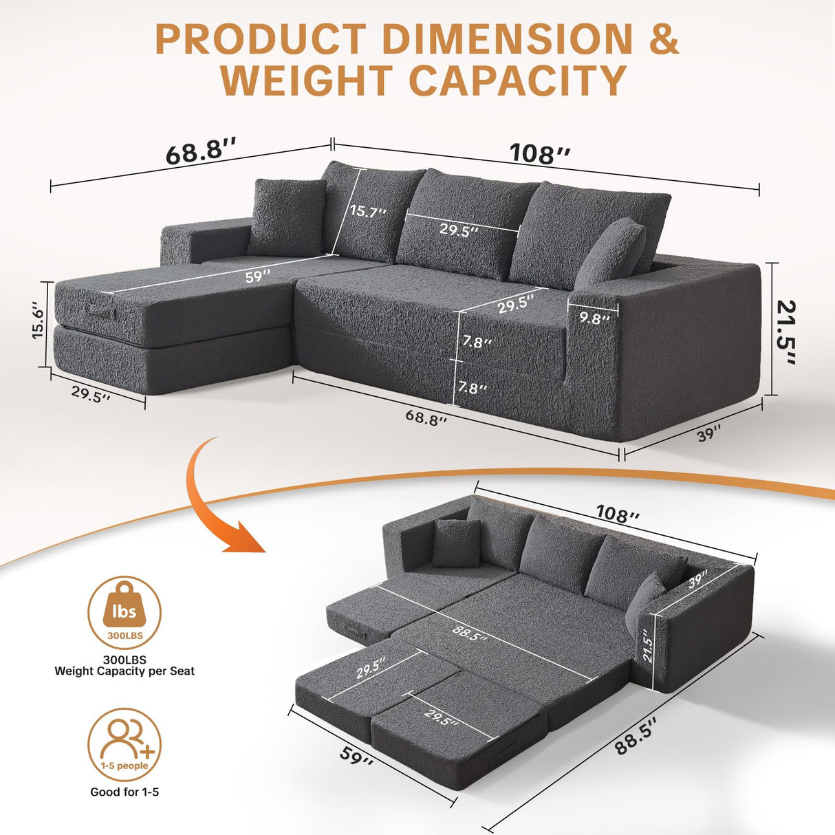 108" Modular Sectional Cloud Sofa - Boneless Couch with Deep Seat, Non Slip Base, Folding Sofa Sectional Couches for Living Room, Cozy Modular Couch with L-Shape Chaise, No Assembly Required, Grey CozyMine