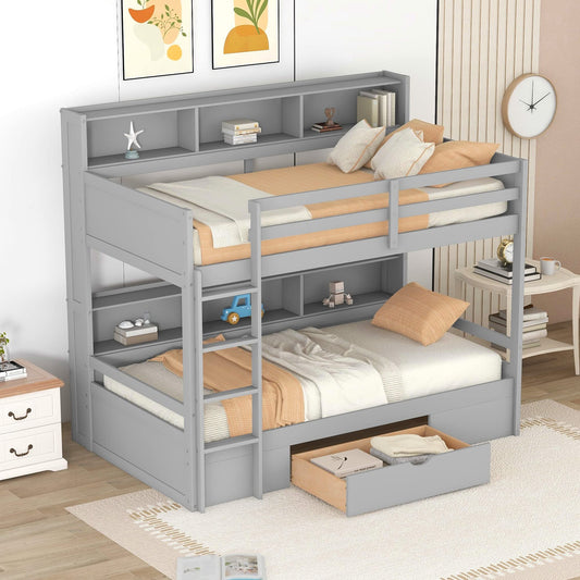 Harper & Bright Designs Twin Over Twin Bunk Bed with Storage, Wooden Bunk Bed with Built-in Storage Shelves and Drawer, Kids Bunk Bed Twin Size for Boys & Girls, No Box Spring Needed (Gray)