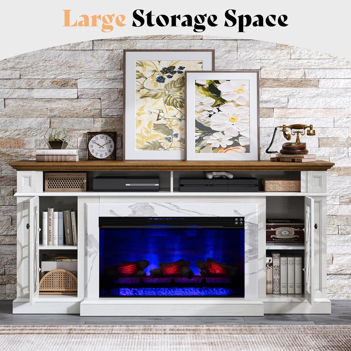 AMERLIFE 70" Farmhouse Heavy Fireplace TV Stand with 33" Electric Fireplace, for 80" TVs up, Media Entertainment Center with Diamond Door, TV Console Storage Cabinet for Living Room, White & Barnwood AMERLIFE