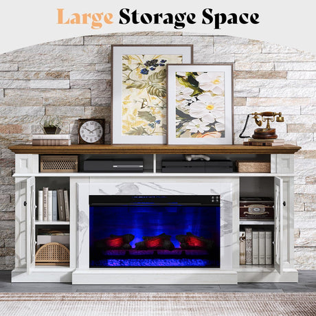AMERLIFE 70" Farmhouse Heavy Fireplace TV Stand with 33" Electric Fireplace, for 80" TVs up, Media Entertainment Center with Diamond Door, TV Console Storage Cabinet for Living Room, White & Barnwood AMERLIFE