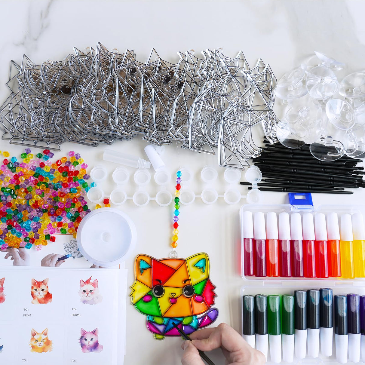 Winlyn 24 Sets Cat Suncatcher Ornaments Decorations DIY Window Paint Art Craft Kits Rainbow Kitten Sun Catchers Painting Kit for Kids Classroom Activities Birthday Summer Camping Party Art Project Winlyn
