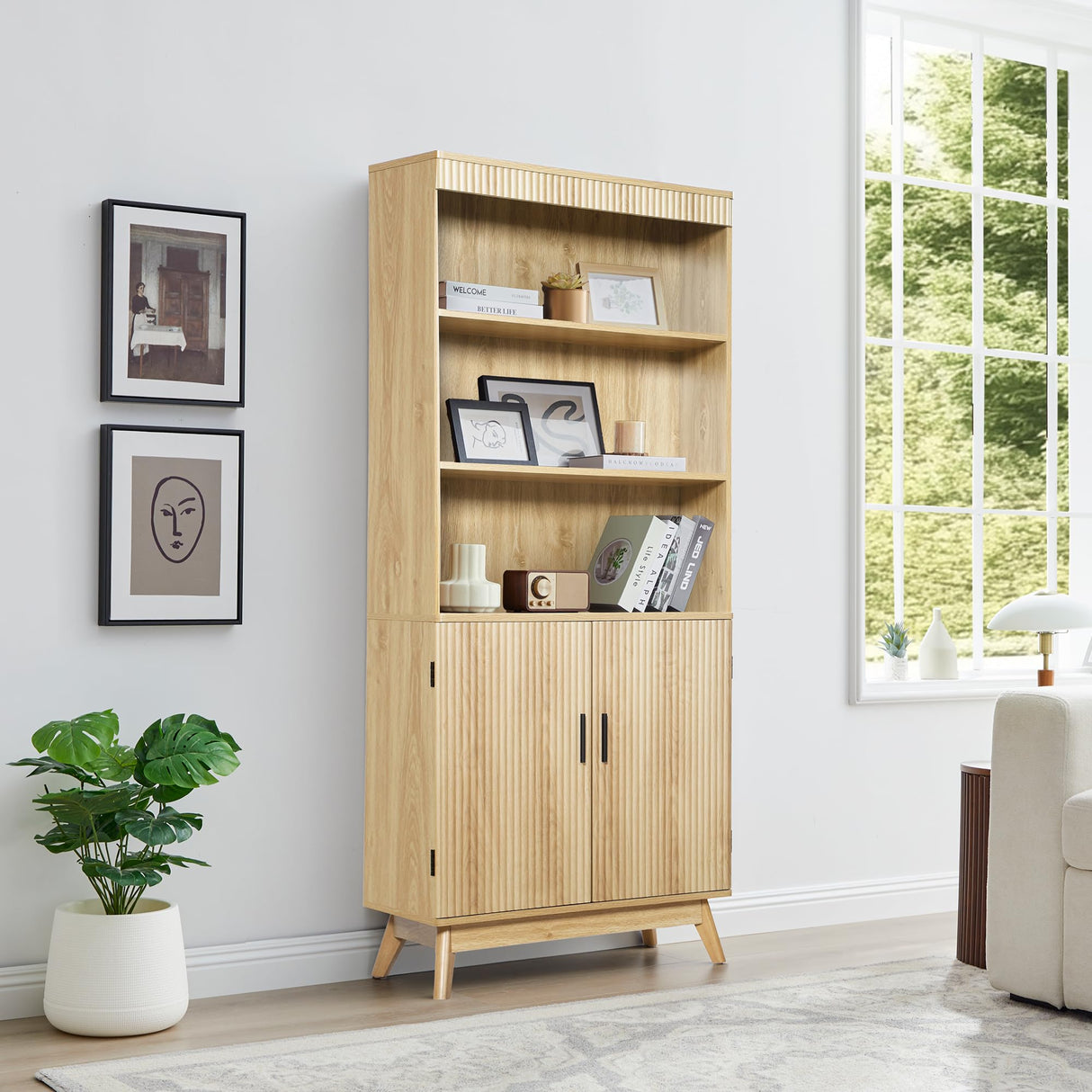 68" Fluted Tall Bookcase with Storage Cabinet,Mid-Century Modern 5-Tiers Arched Bookshelf Cabinet with Doors,Arched Bookcase with Open Display Storage Shelf for Home Office Bedroom Living Room,Natural XUZENEST