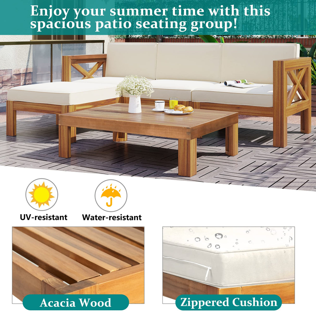 YSWH 5-Piece Patio Acacia Wood Outdoor Furniture Sectional Conversation Sets Sofa Set with Slatted Tabletop Tea Table and X-Back Wood Frame, Removable Cushions YSWH