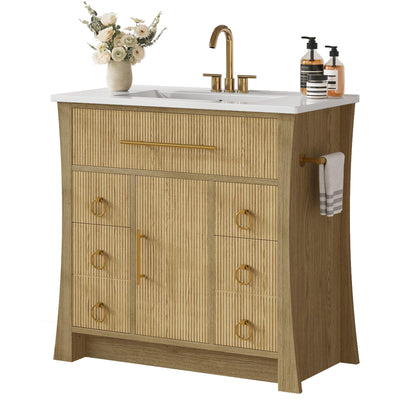 IRONCK 36" Bathroom Vanity with Sink, Freestanding Bathroom Sink Cabinet with 4 Drawers & 1 Flip-Down Drawer, Wood Grain Texture, Metal Handle, Farmhouse