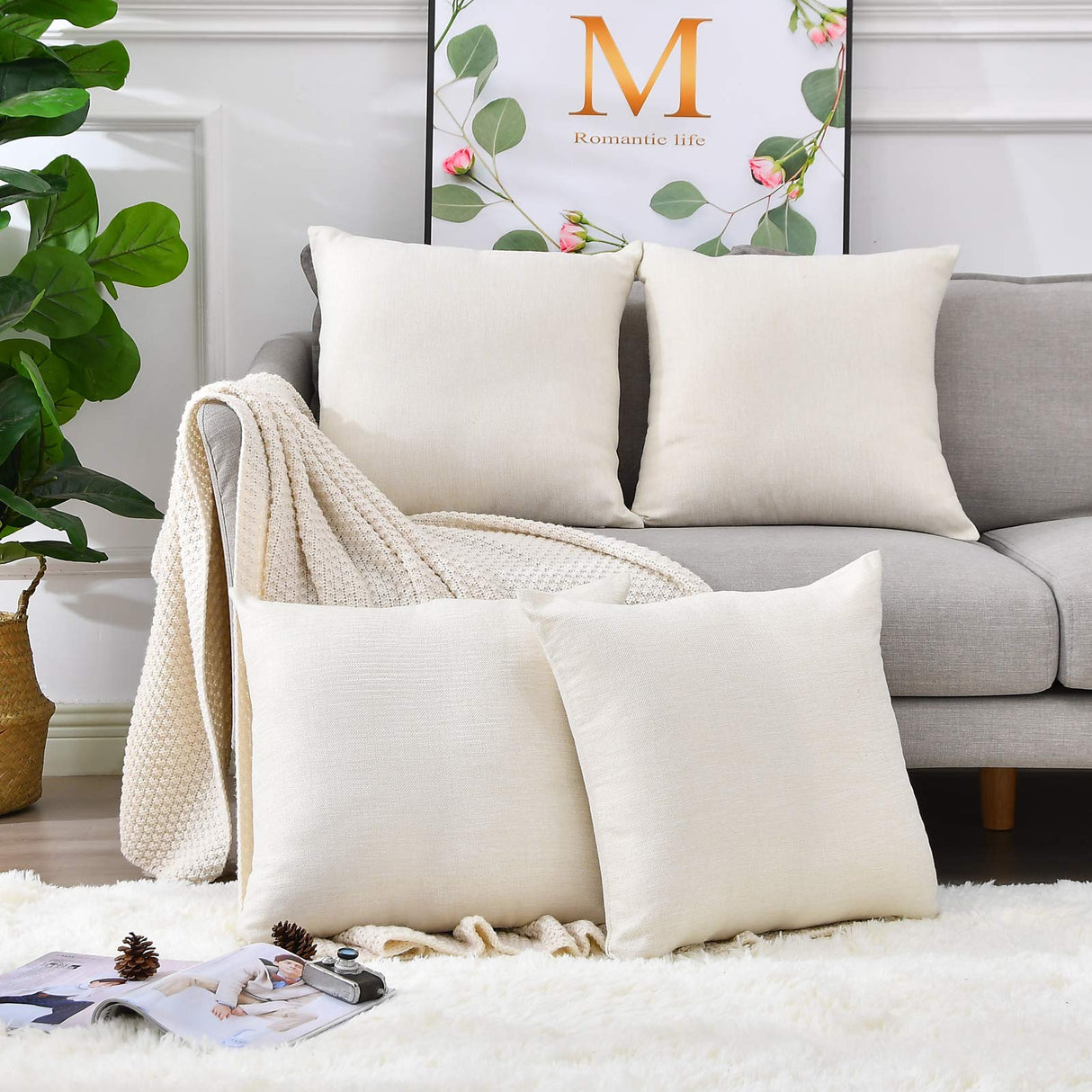 LisBiya Linen Throw Pillow Covers 18 x 18 Beige Decorative Blank Couch Pillow Covers for Sublimation Bed Sofa Farmhouse Cushion Cases Set of 4 LisBiya