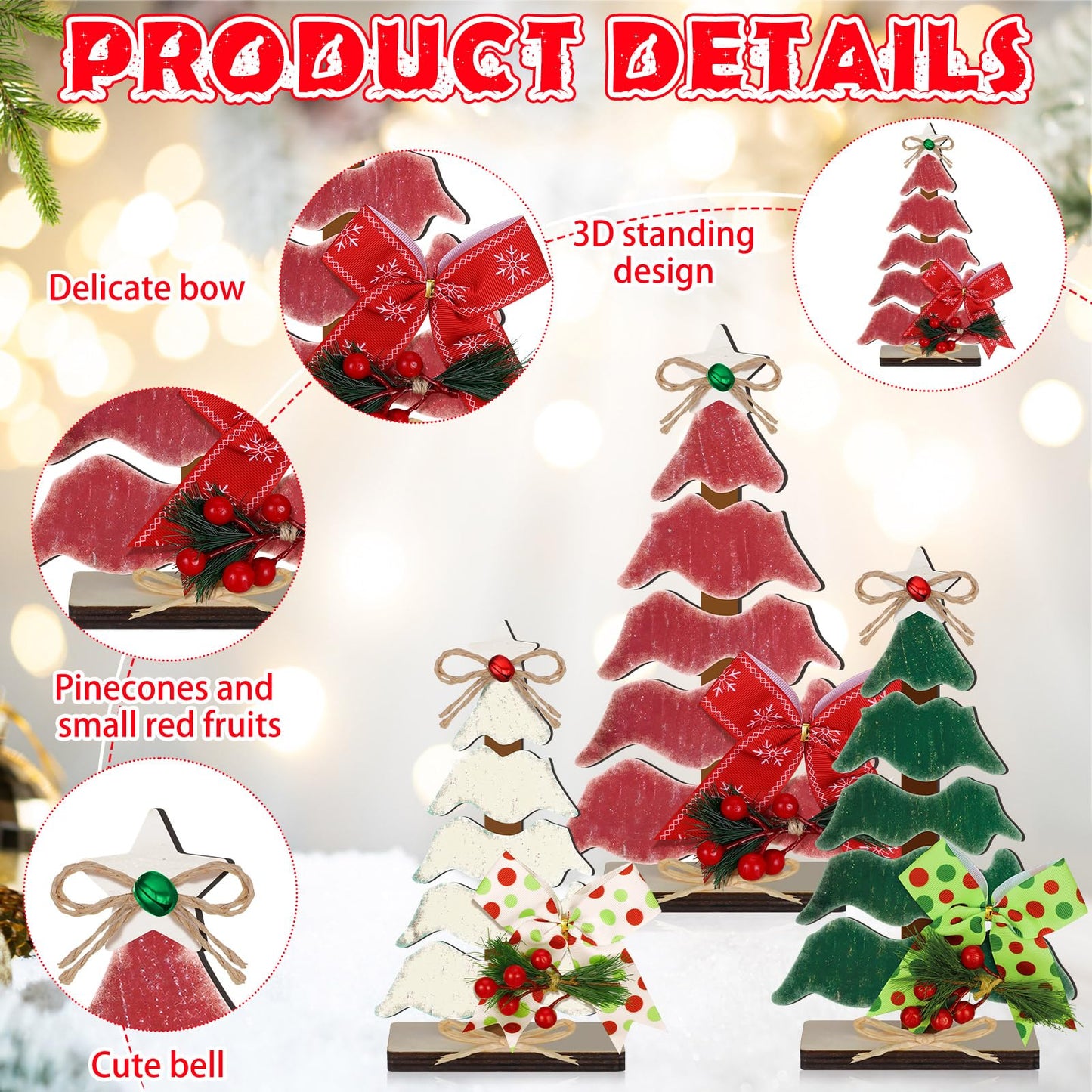 CroBlissful 3 Pcs Wooden Christmas Tree Tabletop Decorations Christmas Centerpieces for Table Rustic Xmas Tiered Tray Decor Christmas Table Sign Freestanding with Hemp Rope Bow Bell for Holiday Party