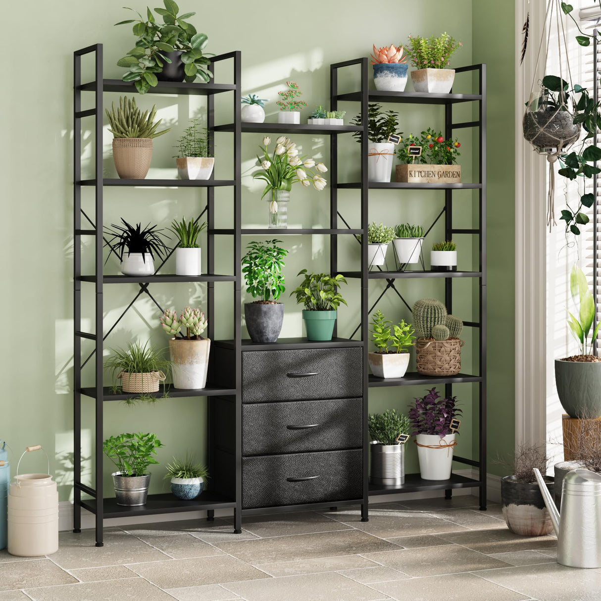 AFLUI Triple Bookshelf with 3 Fabric Drawers, 5-Tier Book Shelf and 10 Display Shelves, Industrial Large Bookcase for Home & Office, Black, 47'' Wide AFLUI