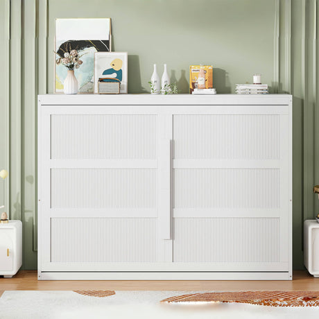 P PURLOVE Queen Size Murphy Bed with LED Lights, Modern Wall Bed with Slats, Space-Saving Folding Murphy Bed, No Box Spring Needed, Easy Assembly (White) P PURLOVE