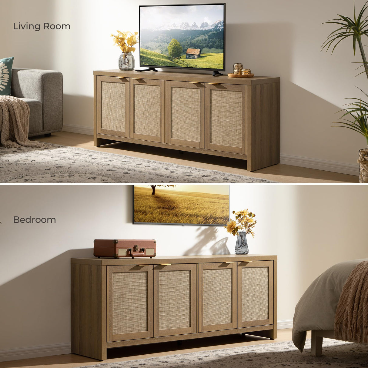 SICOTAS TV Stand for Living Room Rattan Entertainment Center for Bedroom with 4 Rattan Cabinets Farmhouse Television Stands with Storage Large Media Console Table for TVs up to 50 55 60 65 Inch SICOTAS