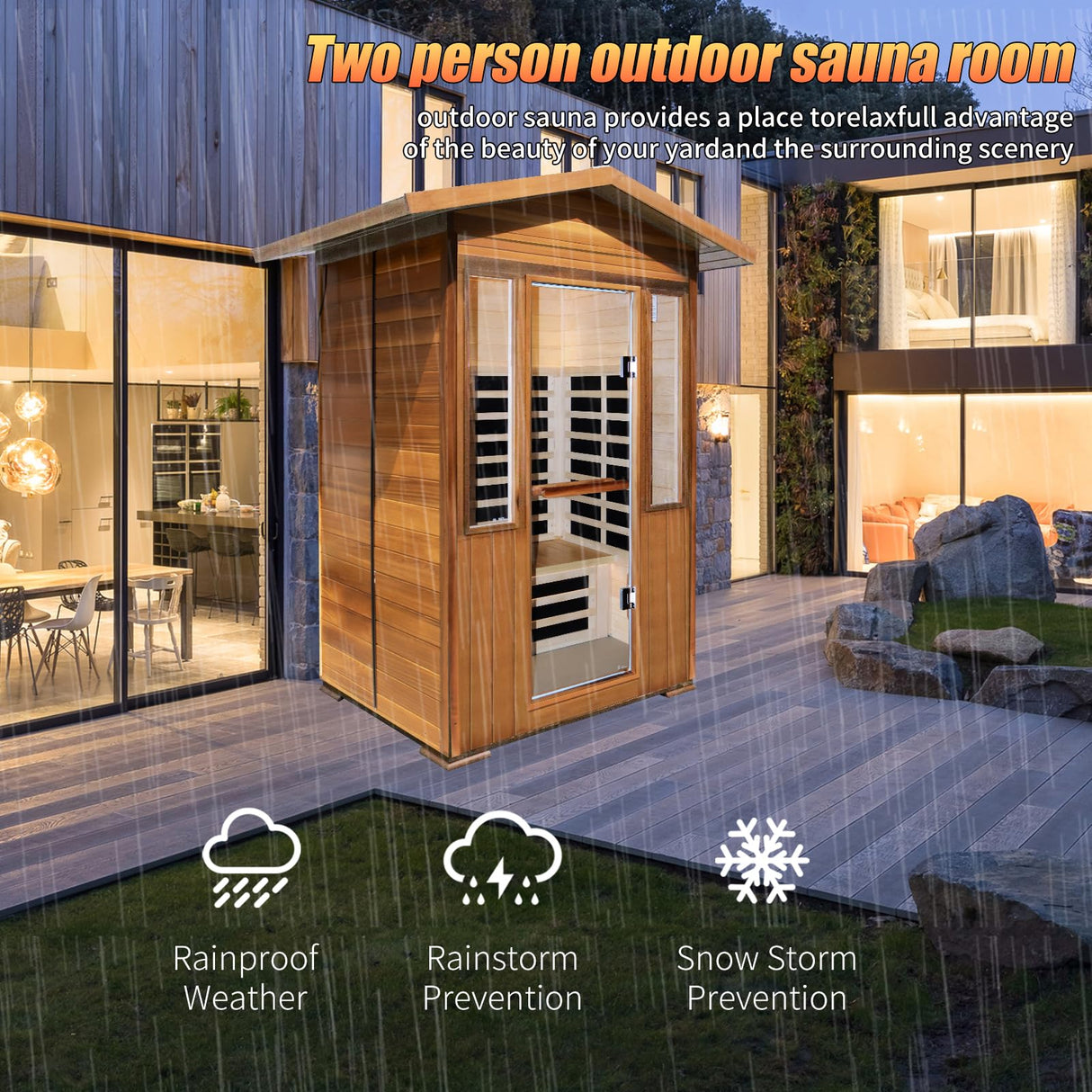 Outdoor Sauna 2 Person 1800W/110V Low EMF Dry Sauna Infrared Sauna for Home Inner Board Hemlock Wood/Outer Board Red Cedar, 8 Heating Panels with LCD Control Panel/Speaker and Tempered Glass Door HOSAUNA