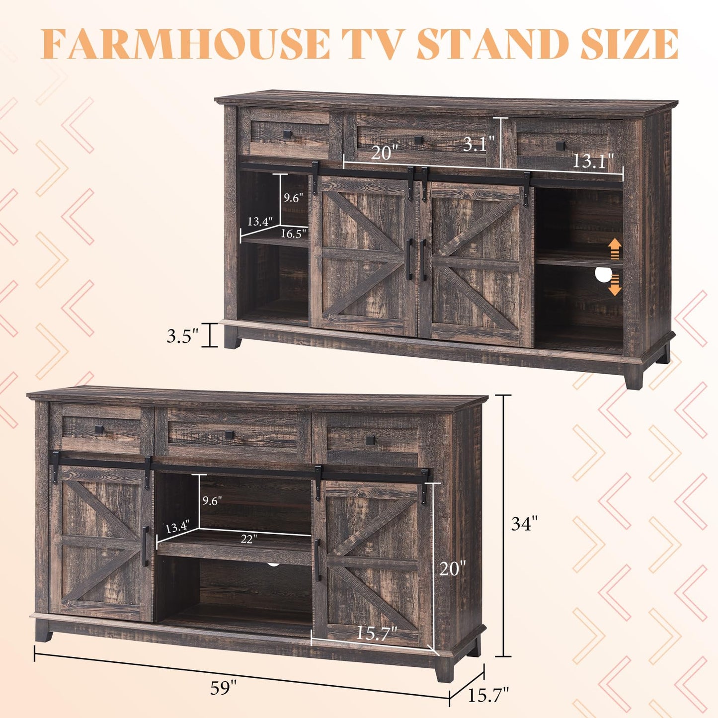 AMERLIFE Farmhouse TV Stand for Televisions up to 65 Inchs, Entertainment Center with Sliding Barn Doors and Storage Drawers, 59" TV Stand with Cabinets, Rustic Oak Black - WoodArtSupply