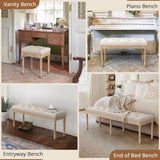 LUE BONA 60" Bedroom Bench, Vintage French Tufted End of Bed Bench, Upholstered Fabric Ottoman Bench with Carved Wood Legs for Bedroom,Dining Bench Piano Stool for Living Room,Foyer, Linen LUE BONA