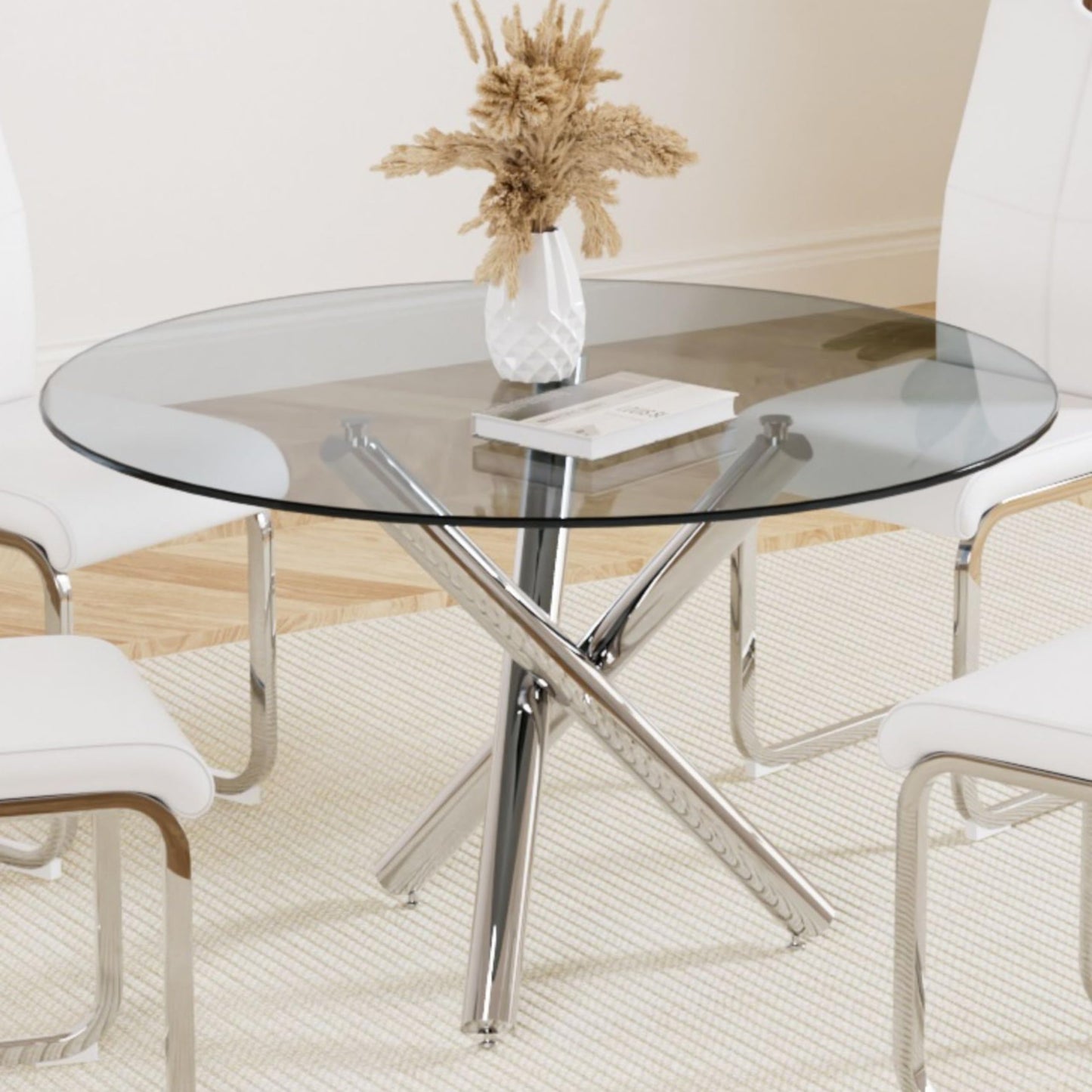 Round Glass Dining Room Table for 4 to 6 Person Modern Grey Tempered Glass Top, Sturdy Chrome Legs, Adjustable Foot Pads, Kitchen Table for Living Room, Dining Room, 47.24 Inch, Round Silver  - WoodArtSupply