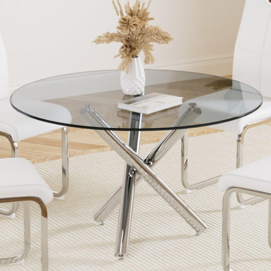 Round Glass Dining Room Table for 4 to 6 Person Modern Grey Tempered Glass Top, Sturdy Chrome Legs, Adjustable Foot Pads, Kitchen Table for Living Room, Dining Room, 47.24 Inch, Round Silver  - WoodArtSupply