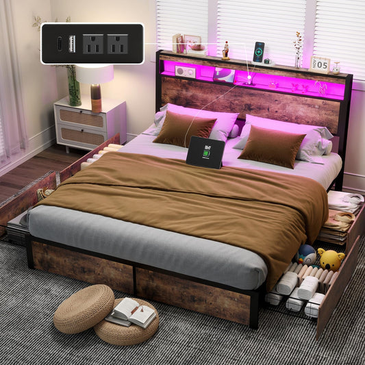 A showcase of modern comfort, the Anyhave King Size Bed Frame with Storage Drawers, LED Headboard, and Charging Station - WoodArtSupply