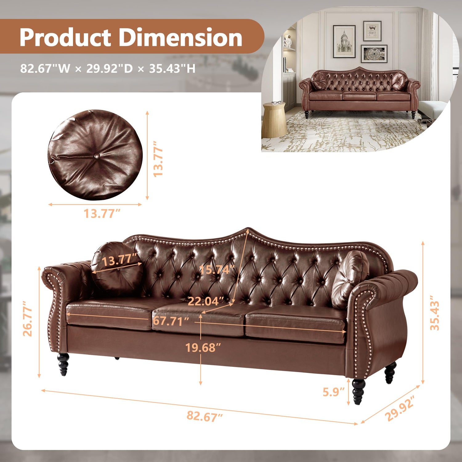 AVZEAR 82" Three Seater Sofa, Chesterfield Sofa, Mid-Century Modern PU Upholstered Sofa, Deep Button Tufted Living Room Sofa with Two Throw Pillows, Brown AVZEAR