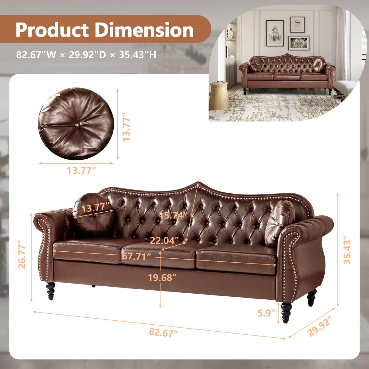 AVZEAR 82" Three Seater Sofa, Chesterfield Sofa, Mid-Century Modern PU Upholstered Sofa, Deep Button Tufted Living Room Sofa with Two Throw Pillows, Brown AVZEAR
