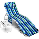 3-in-1 Beach Chair Face Holes, Lounge Chair Outdoor with Folding Side Table, 5-Position Recliner, Lay Flat, Removable Pillow, Heavy Duty, Max 330lbs, Poolside, Patio, Camping, Backyard Striped Blue Yestomo