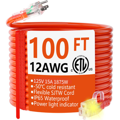 HUANCHAIN 12/3 Gauge Heavy Duty Outdoor Extension Cord 100 ft Waterproof with Lighted end, Flexible Cold-Resistant 3 Prong Electric Cord Outside, 15Amp 1875W 12AWG SJTW, Orange, ETL