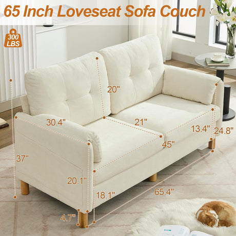 WUTUTUEE 65" Chenille Loveseat Sofa, Modern 2-Seater Love Seat Couch with Armrest Pillows, Storage Pockets, Easy Assembly, Upholstered Tufted Loveseat Sofa Couches for Living Room Bedroom, Beige WUTUTUEE